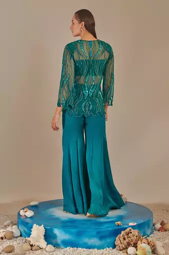 Teal cutwork tulle jacket sharara set