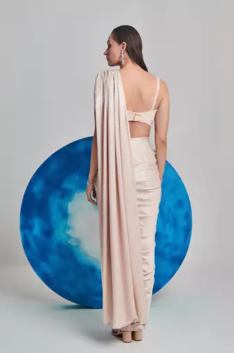 Ivory metallic foil hand pleated saree set