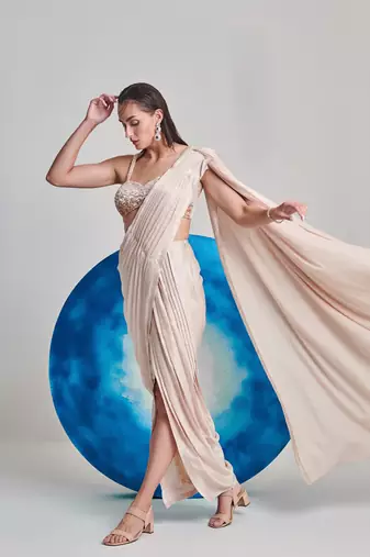 Ivory metallic foil hand pleated saree set