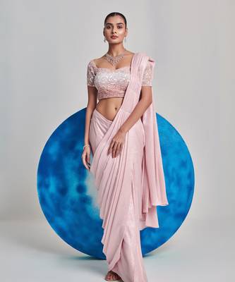 Soft pink ombre gradient drape saree set 1