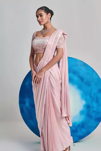 Soft pink ombre gradient drape saree set