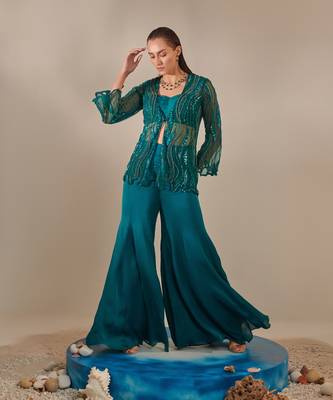 Teal cutwork tulle jacket sharara set 4