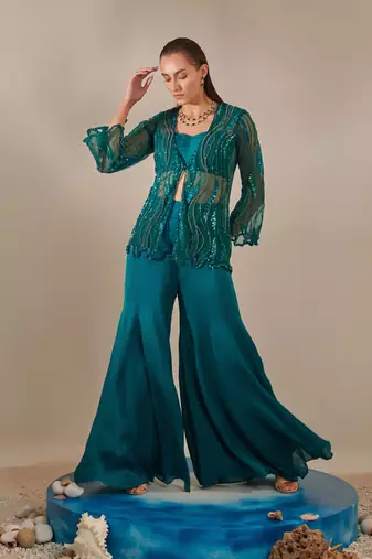 Teal cutwork tulle jacket sharara set