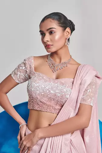 Soft pink ombre gradient drape saree set