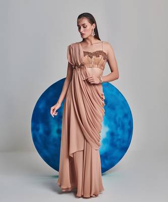Beige flared drape saree set 1