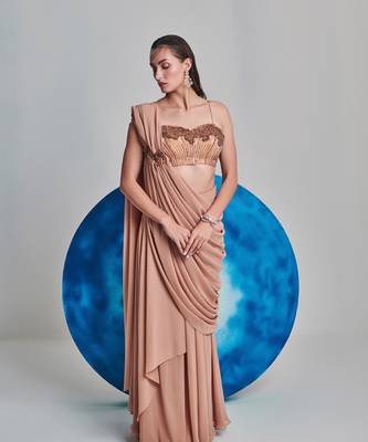 Beige flared drape saree set 2
