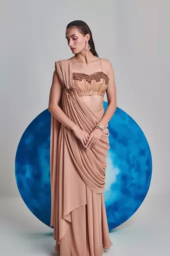 Beige flared drape saree set
