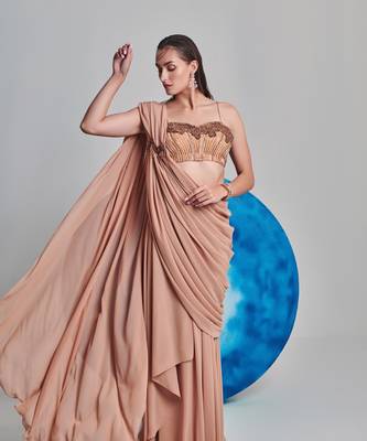 Beige flared drape saree set 3