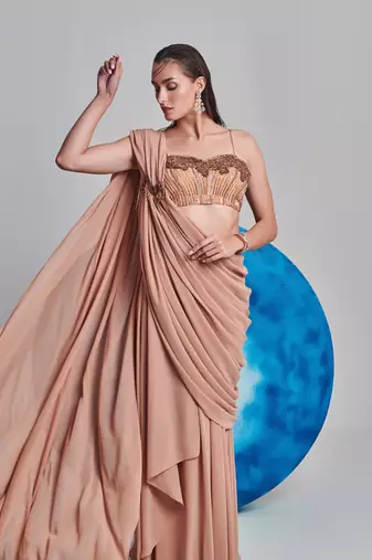 Beige flared drape saree set