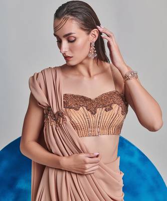 Beige flared drape saree set 4