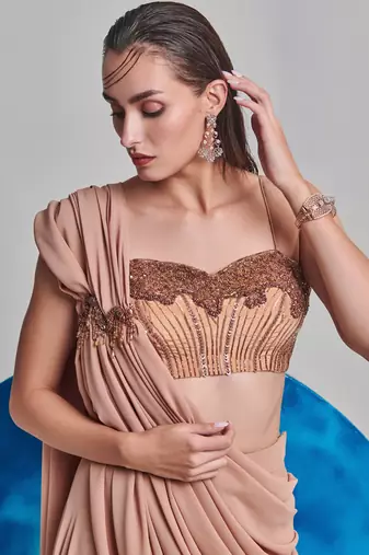 Beige flared drape saree set
