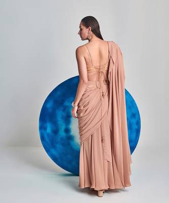 Beige flared drape saree set 5