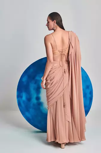 Beige flared drape saree set