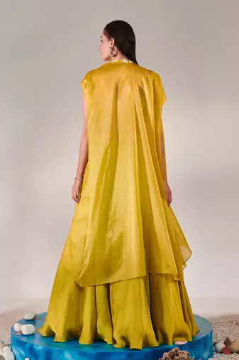 Yellow Blouse Cape Lehenga Set