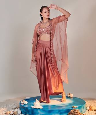Salmon pink pure organza cape cutwork zardozi embroidery skirt set 1