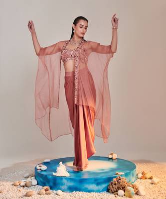Salmon pink pure organza cape cutwork zardozi embroidery skirt set 2