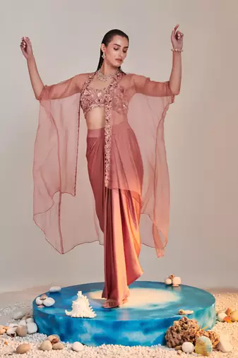 Salmon pink pure organza cape cutwork zardozi embroidery skirt set