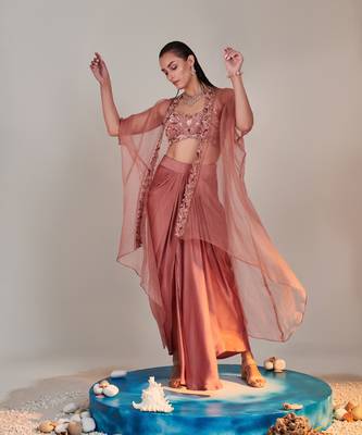 Salmon pink pure organza cape cutwork zardozi embroidery skirt set 3