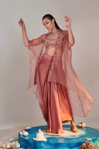 Salmon pink pure organza cape cutwork zardozi embroidery skirt set