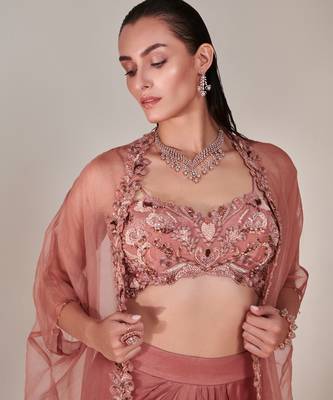 Salmon pink pure organza cape cutwork zardozi embroidery skirt set 4