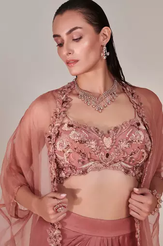 Salmon pink pure organza cape cutwork zardozi embroidery skirt set