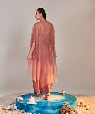 Salmon pink pure organza cape cutwork zardozi embroidery skirt set 5