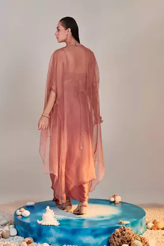 Salmon pink pure organza cape cutwork zardozi embroidery skirt set