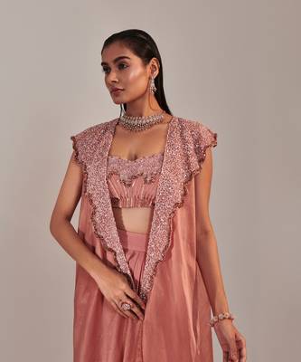 Salmon pink gradient colour embroidery skirt set 2