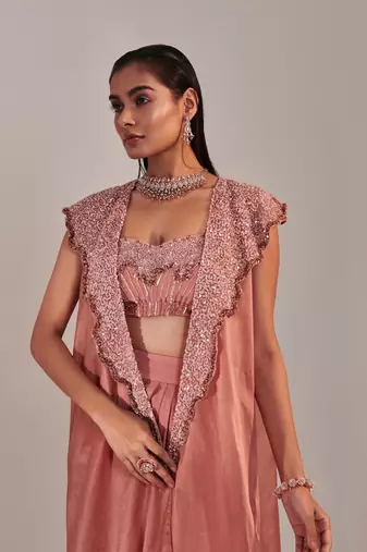 Salmon pink gradient colour embroidery skirt set