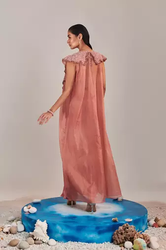 Salmon pink gradient colour embroidery skirt set