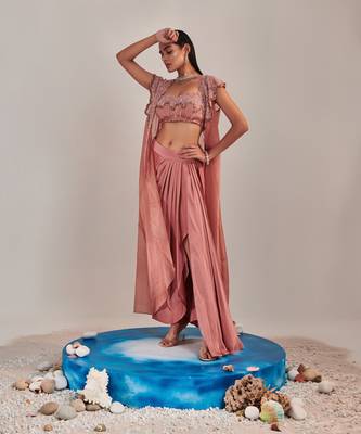 Salmon pink gradient colour embroidery skirt set 5