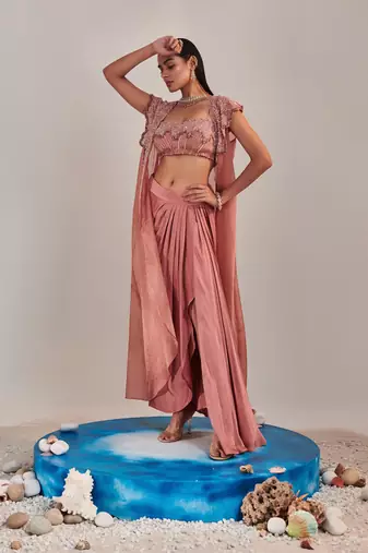 Salmon pink gradient colour embroidery skirt set