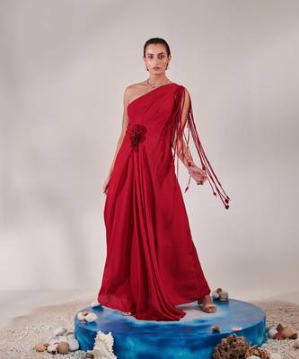 Draped scarlet gown with 3d hand embroidered flower 1