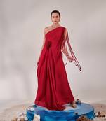 Draped scarlet gown with 3d hand embroidered flower