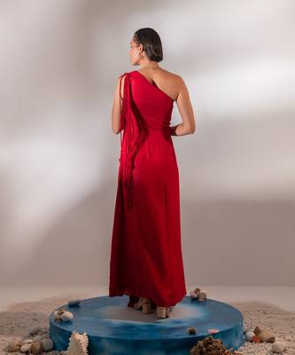Draped scarlet gown with 3d hand embroidered flower 2