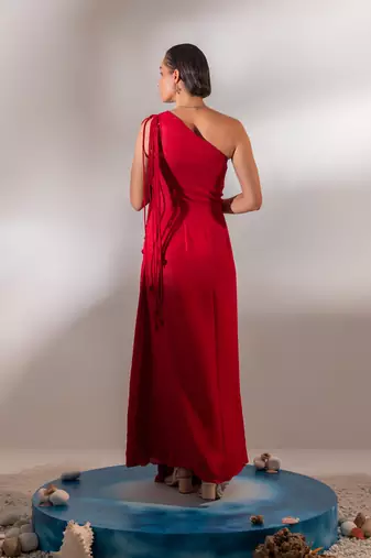 Draped scarlet gown with 3d hand embroidered flower