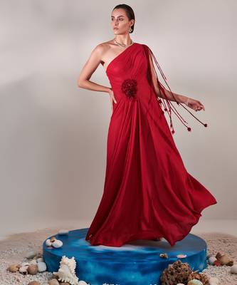 Draped scarlet gown with 3d hand embroidered flower 3