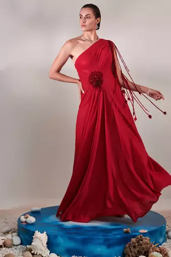 Draped scarlet gown with 3d hand embroidered flower