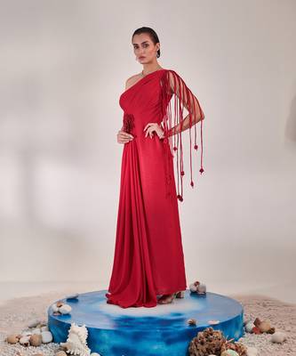Draped scarlet gown with 3d hand embroidered flower 4