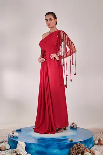 Draped scarlet gown with 3d hand embroidered flower