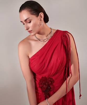 Draped scarlet gown with 3d hand embroidered flower 5