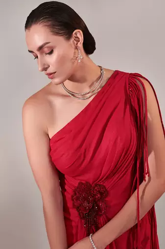 Draped scarlet gown with 3d hand embroidered flower