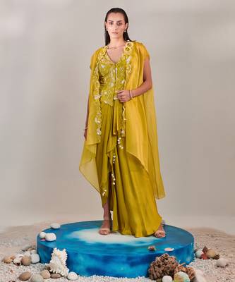 Yellow satin organza cape and fitted sleeveless jacket and drape skirt set 1