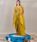 Yellow satin organza cape and fitted sleeveless jacket and drape skirt set