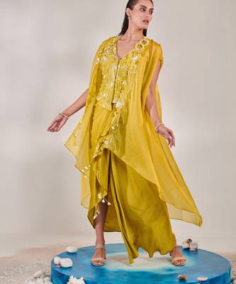 Yellow satin organza cape and fitted sleeveless jacket and drape skirt set 2