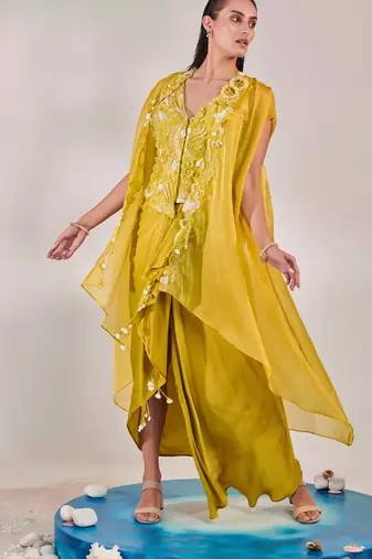 Yellow satin organza cape and fitted sleeveless jacket and drape skirt set