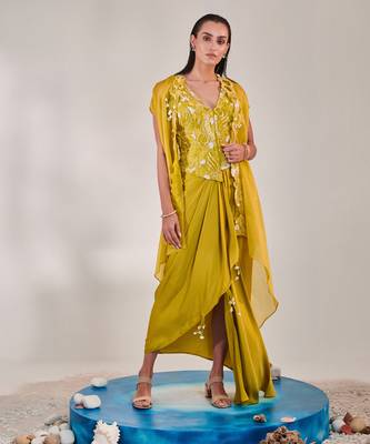 Yellow satin organza cape and fitted sleeveless jacket and drape skirt set 3