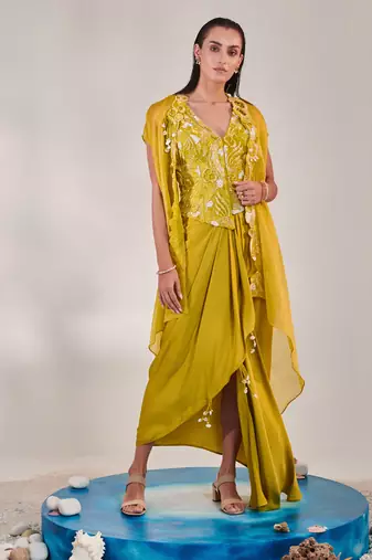 Yellow satin organza cape and fitted sleeveless jacket and drape skirt set