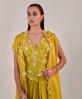Yellow satin organza cape and fitted sleeveless jacket and drape skirt set 4