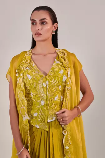 Yellow satin organza cape and fitted sleeveless jacket and drape skirt set